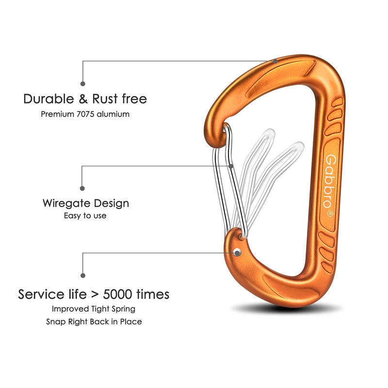 Gabbro Carabiner Clips Heavy Duty 12kN (2697 lbs), | 3.2 Inch, Aluminum, Wiregate Snap, Lightweight, 4 Pack | for Hammock, Hiking, Camping, Water Bottle, Dog Leash Harness, Keychains - Orange - Image 5